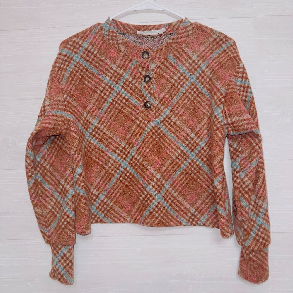 Lush Women's Orange Plaid Long Cuff Sleeve Pullover Henley Sweater size XS